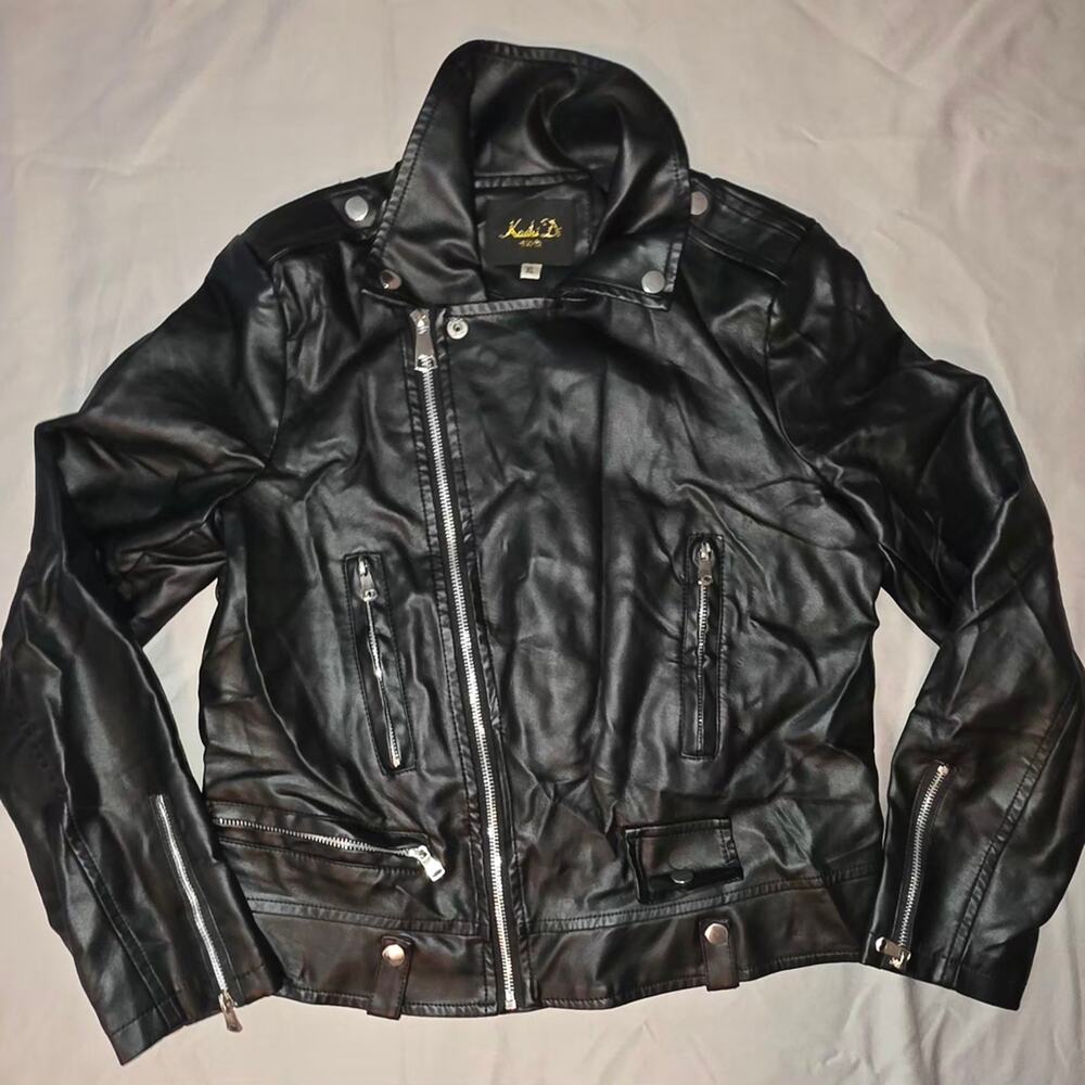 Kashi Di Black Biker Jacket – Synthetic Leather, Rocker Style (Asian Size XL)